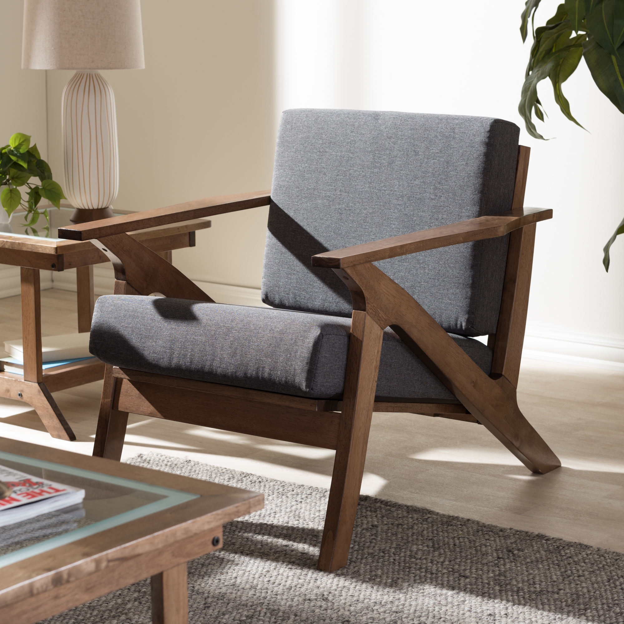 Baxton Studio Cayla Mid-Century Modern Grey Fabric And "Walnut" Brown ...